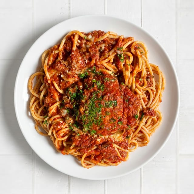 Spaghetti with meat sauce and one meatball.