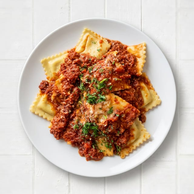 Ravioli with meat sauce.